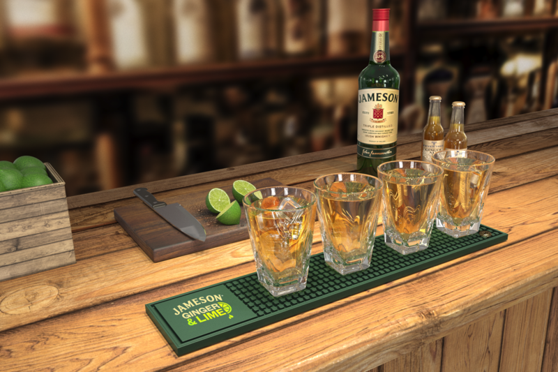 Four refreshing Jameson Ginger & Lime cocktails served on a rustic woode bar, accompanied by a bottle of Jameson Irish Whiskey, ginger beer, fresh limes, and a cutting board, creating a classic bar scene.